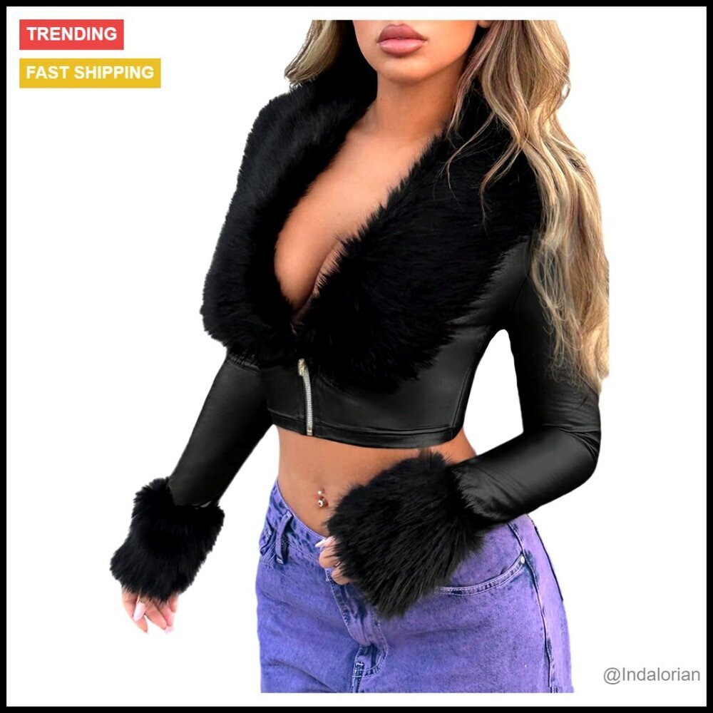 PU Leather Cropped Jacket with Faux Fur Trim, Slim Fit, Long Sleeve